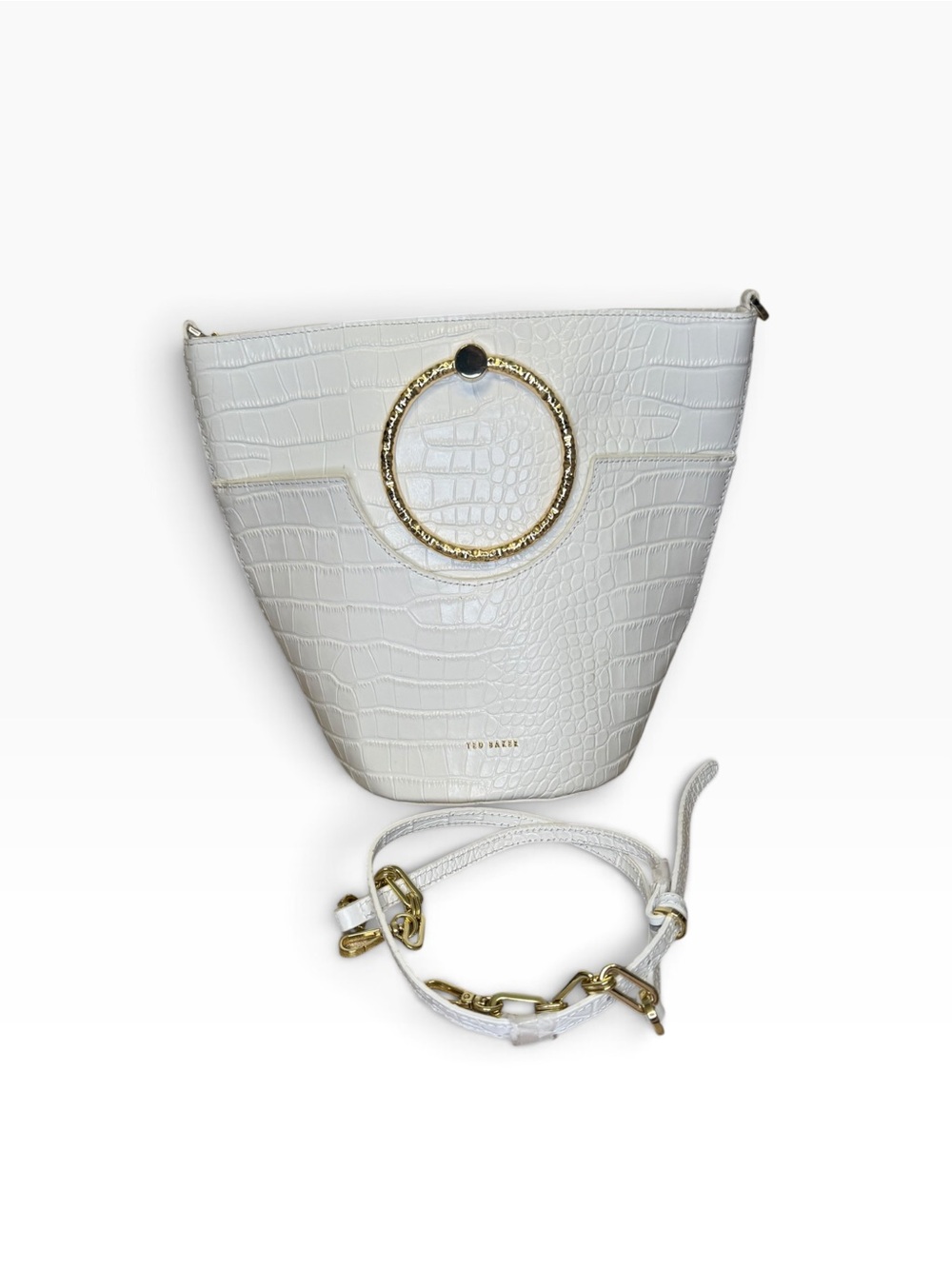 Ted Baker White Croc-Embossed Bucket Bag with Gold Ring Detail